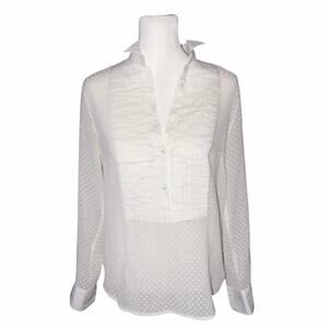 J.CREW White Swiss-Dot Tuxedo Popover Blouse Sheer Pleated Bib Top Size 0